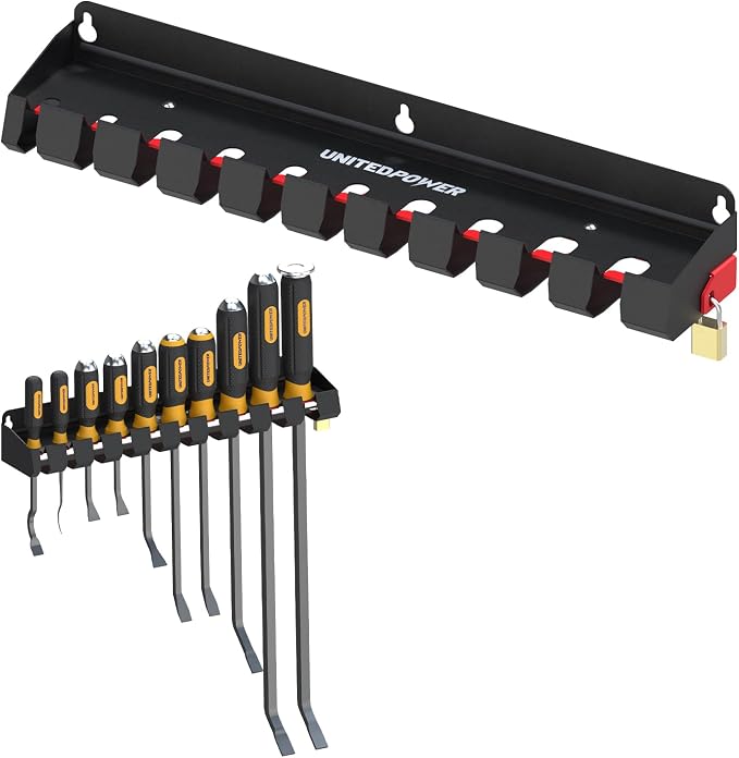 UNITEDPOWER Pry Bar Holder, Lockable Wall Mount Storage Rack Organizer for Workshop, Shed, Garage, Home, Stores up to 10 13 Tools or Extensions