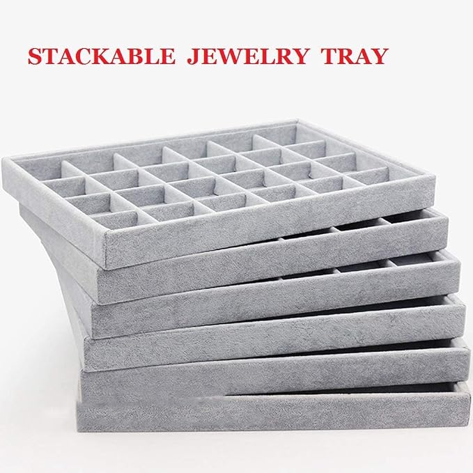 Stratalife 24 Grid Jewelry Organizer Tray, Stackable Drawer Earring Organizer with Adjustable Dividers, Jewelry Display Tray for Necklace Earring Ring Bracelet, 13.8" x 9.4" x 1.2", Grey