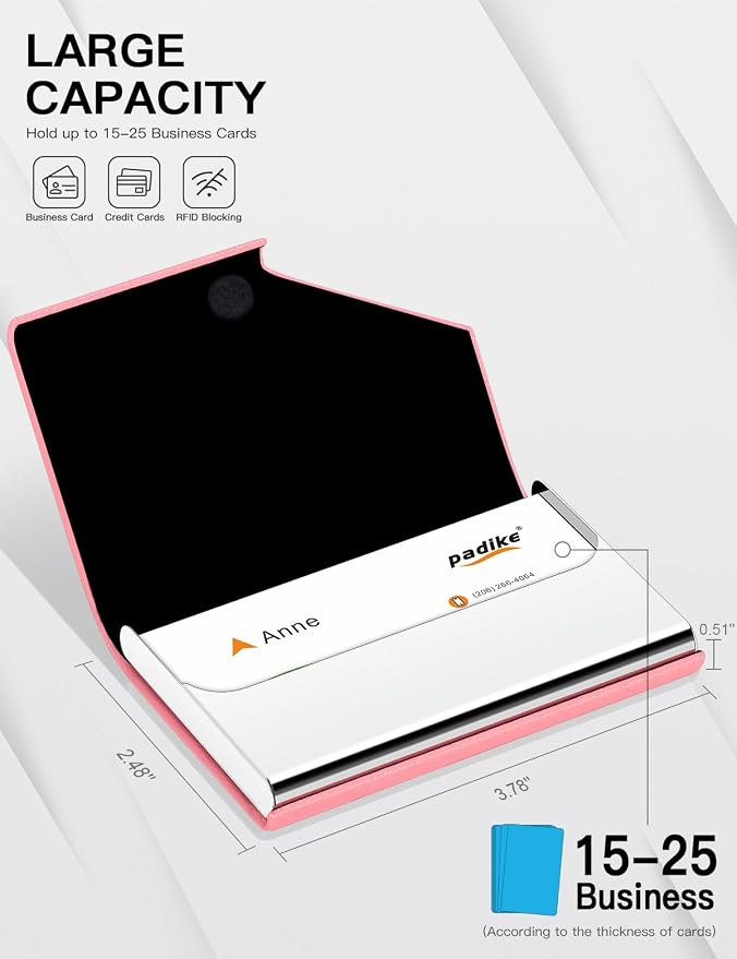 Padike Business Card Holder, PU Leather & Stainless Steel Multi Card Case for Men & Women, Name Card Holder, Credit Card Wallet, ID Case/Holder with Magnetic Closure (Pink)