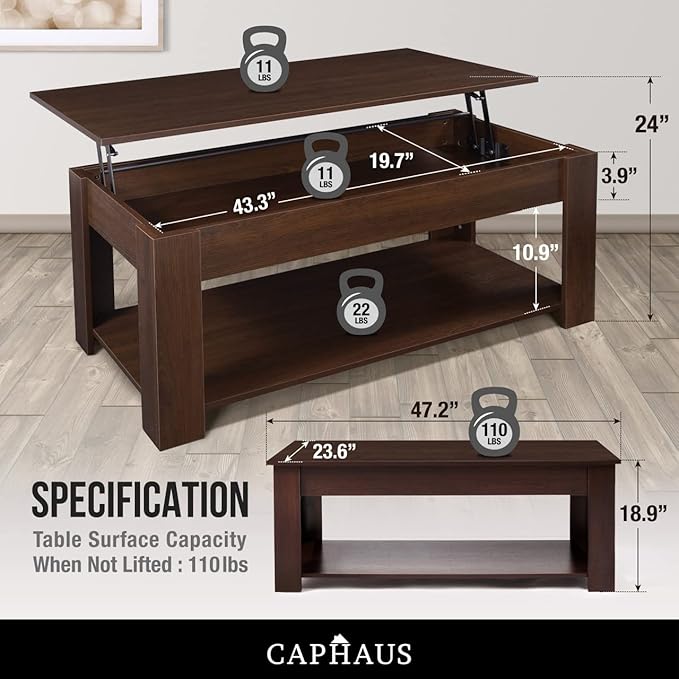 CAPHAUS 47'' Espresso Lift Top Coffee Table with Storage, Table Design for Living Room