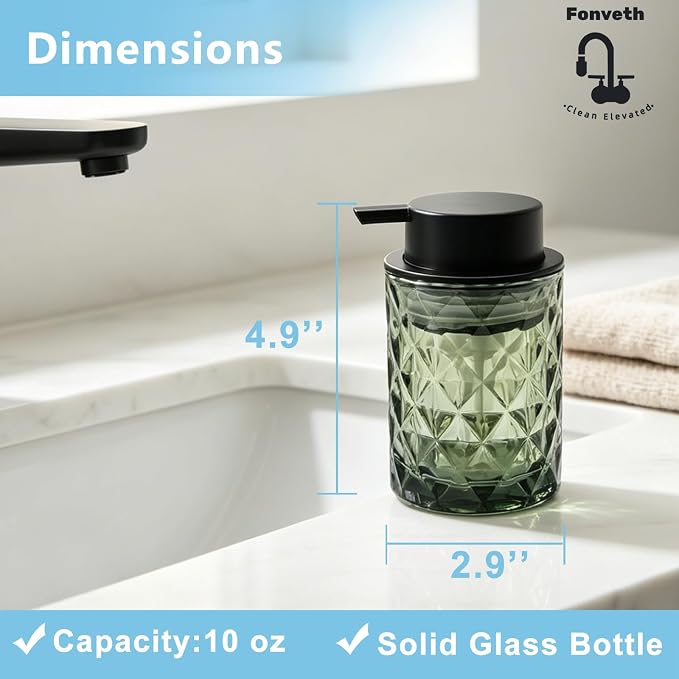 Foaming Soap Dispenser Green Glass Bottle Black Pump, Easy Refill and Clean Design Clog-Free Heavy Glass for Kitchen Bath