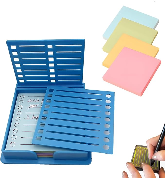 Sticky Note Stencil, Sticky Note Holder with Stencil 3x3 Sticky Note Line Stencil and Holder, Perfect for to-Do Lists, Home, Office, Sticky Notes Dispenser, Reusable Note Organizer (Blue)