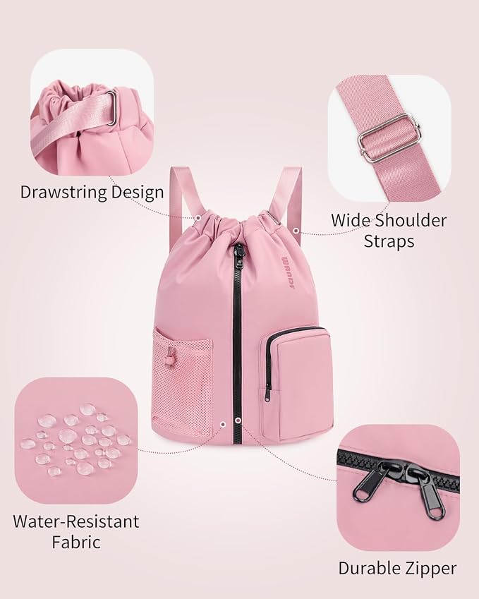 WANDF Drawstring Backpack with Shoe Compartment, Sports Gym Bag | Multi-Pocket Storage, Water-Resistant Fabric, Cinch String Bag