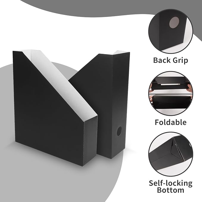 Rempry 12 Pack Magazine File Holders Black, Foldable Cardboard Document Organizer Boxes with Labels, Space-Saving Storage for Office, Home, School (9.9"x3.3"x12")