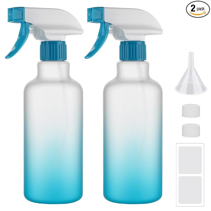 16.9oz/500ml Plastic Spray Bottles 2 Pack, Adjustable Mist Stream | Heavy Duty refillable spray containers for plant care, hair mist and household cleaning