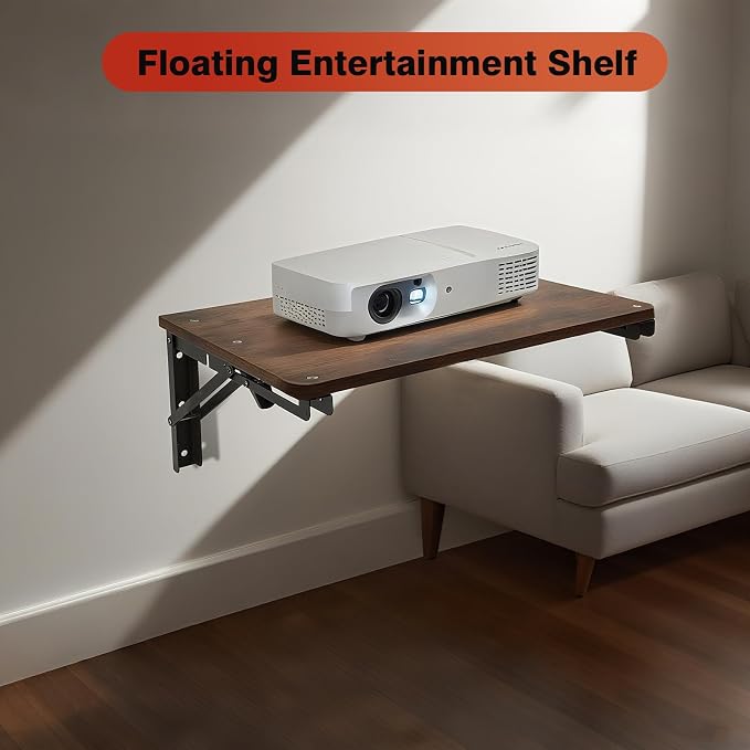 Folding Shelf Wall Mounted, 16.5inches Floating Desk for Small Space | Wooden Fold Down Projector Shelf, 2pcs Heavy-Duty Brackets Holds Up to 55lbs for Bedside, Living Room, Home Office, Kitchen