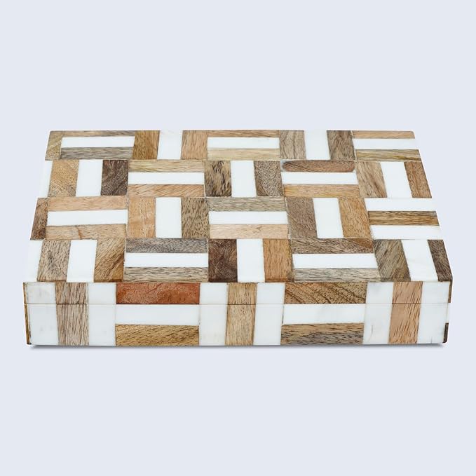 Handicrafts Home White Decorative Storage Box with Lid Wooden Desk Organizer Box Office Storage Box for Workspace Desk Decor Organizer – Resin Inlay Marquet Chase Collection - 6x8x1.5