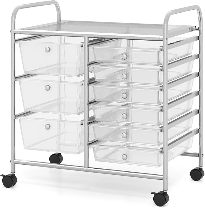 COSTWAY Rolling Storage Cart with 9 Drawer, Utility Cart with Metal Frame | Mobile Art Supply Craft Organizer, Multipurpose Storage Organizer for Paper, Office, School Teacher, Classroom, Transparent