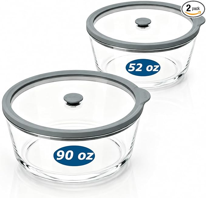 2 Pack Extra Large Glass Food Storage Containers with Lids, 90 oz & 52 oz | Airtight & Leakproof Glass Containers Microwave Freezer Dishwasher Safe Premium Borosilicate Glass for Meal Prep