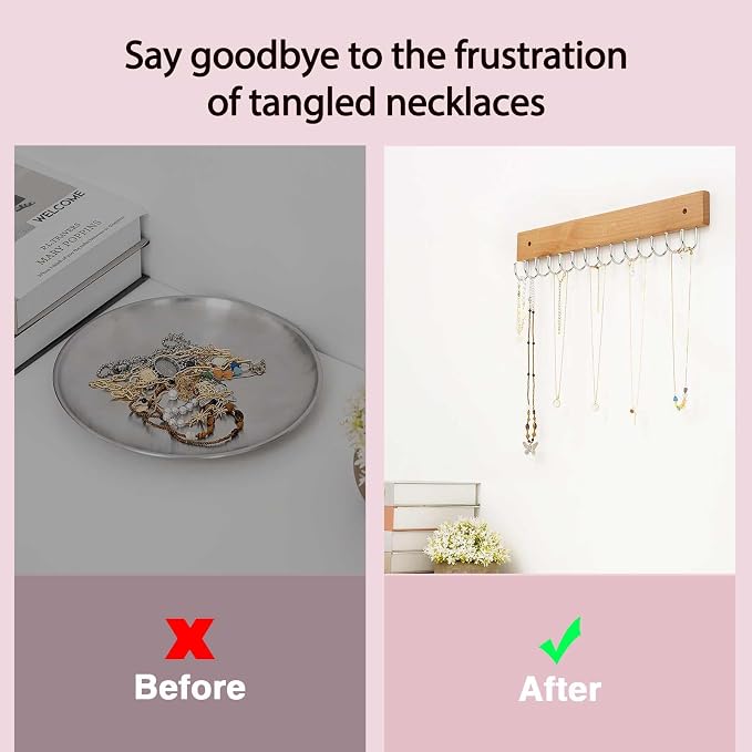 SCUNDA Wall Mounted Necklace Holder, Farmhouse Style Necklace Holder, Tangle Free Wall Jewelry Organizer with 28 Hooks(2 Packs,Natural)