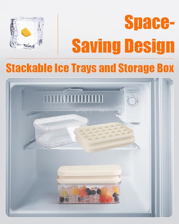 Brigii Ice Cube Tray with Lid & Storage Bin, 56 Cubes Ice Mold with Easy-Release Silicone Bottom, Stackable Ice Trays for Freezer, BPA Free,for Cocktails, Whiskey, Coffee & Drinks