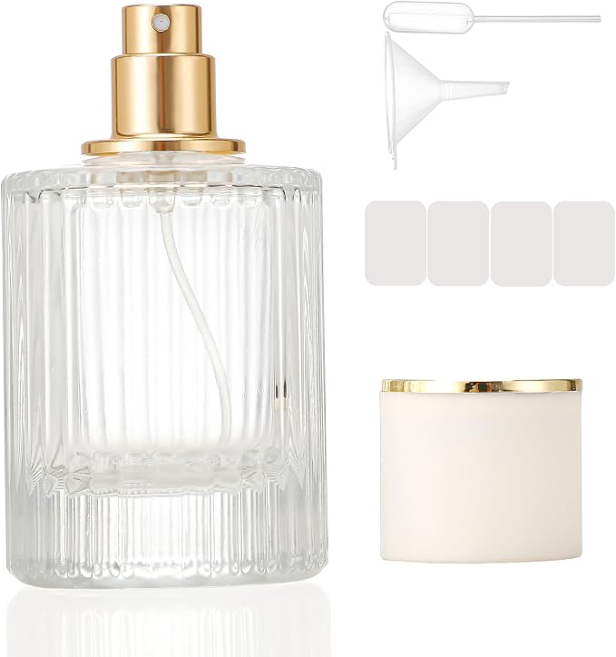 1 Pack Empty Perfume Spray Bottles, 50ML Ribbed Glass Atomizer Spray Bottle for Men and Women, Travel Refillable Perfume Atomizer for Sample Dispenser and Home Decor, White Cap