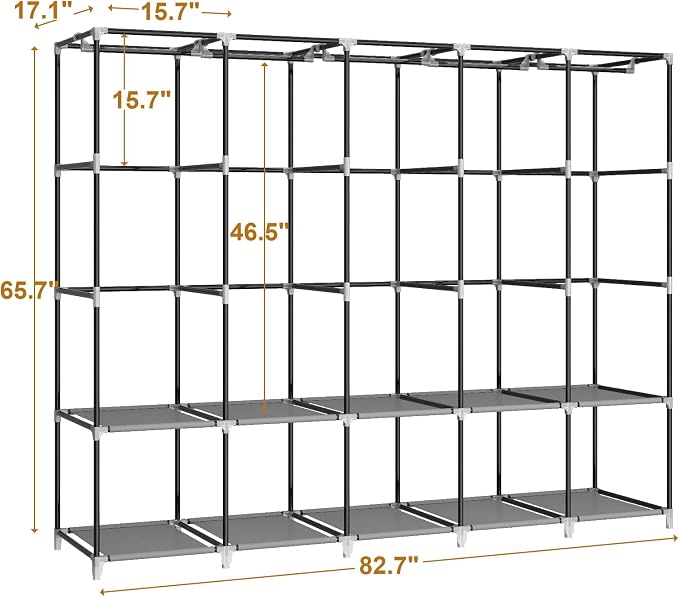 MOGELAFOO 83 Inch Wide Portable Closet Wardrobe, Clothes Storage Rack Organizer with Cover, 5 Clothes Hanging Rods and 10 Storage Shelves, Grey