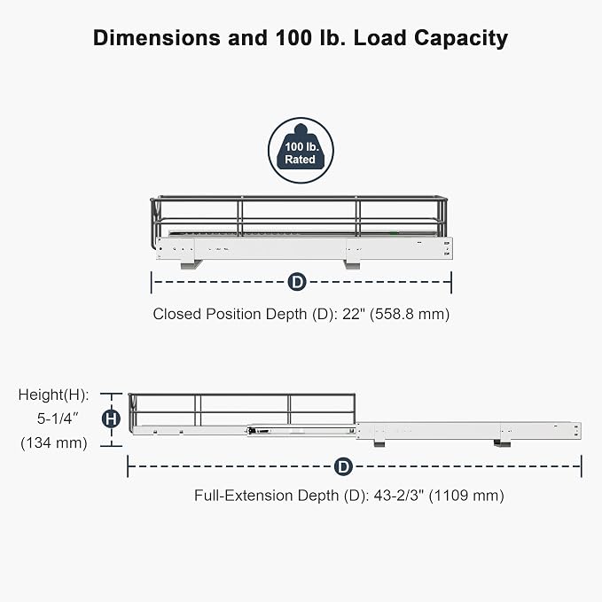 Pull Out Shelves - 20" W x 22" D Soft Close Pull Out Cabinet Organizer 1 Tier - Sliding Shelves with Shelf Liner - Heavy Duty Steel Wire Drawers for Kitchen Cabinets, Pantry, Bathroom