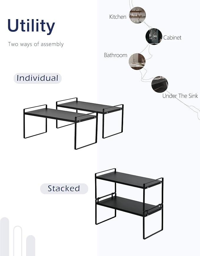 Nxconsu Stackable Cabinet Shelf Organizer 2 Pack, Wide Black | Heavy-Duty 3mm Steel Stackable 2-Tier Shelf, Holds 50 lb, for Kitchen Cabinet Pantry Cupboard Counter Bathroom Under Sink