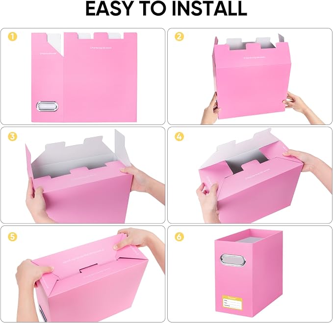 BALEINE File Organizer Box, Cardboard File Folder Organizer with Handle for Letter Size, Portable Collapsible Hanging Filing Box for Home Office Document Storage (8 Pack, Pink)