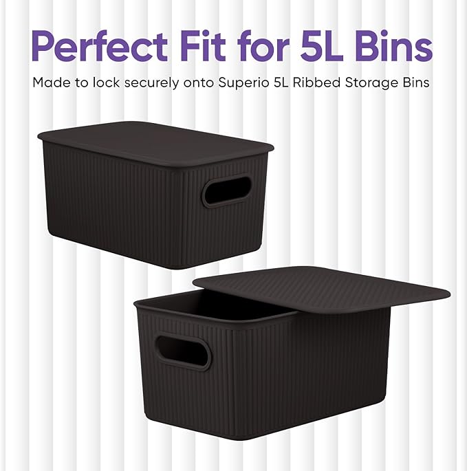 Superio Ribbed Collection - Decorative Plastic Basket Open Home Storage Bins Organizer, Brown (Parent) Container Boxes for Organizing Closet Storage Bins for Shelves (Lid - Medium (5 Liter), 4 Pack)