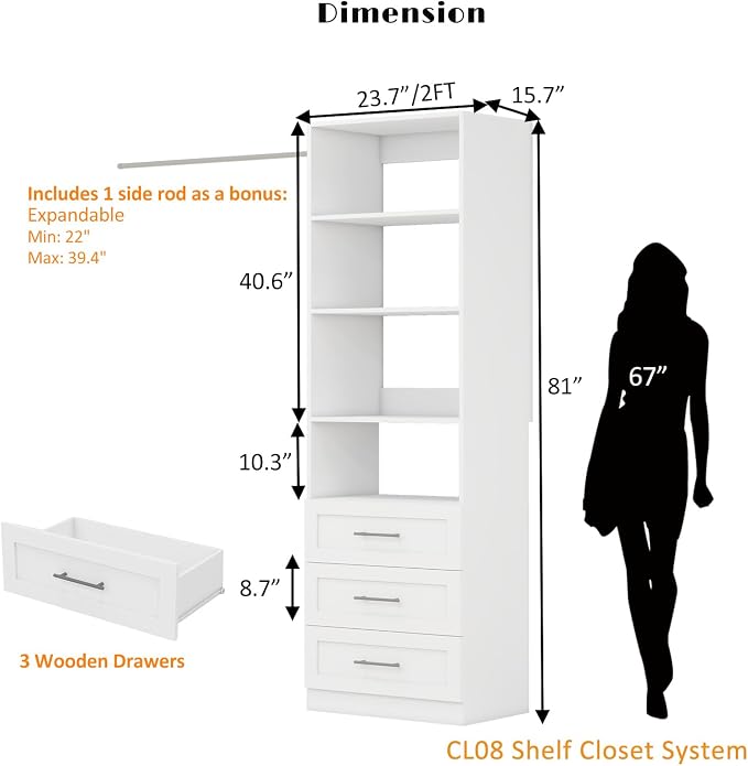 Closet Organizer System with Drawers,4 Shelf,1 Rod, 2FT-5FT,White | Engineered Wooden Shelving System, Small Walk in Closet,Freestanding Corner Storage,White,Modular with Other Units