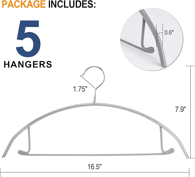 Sweater Hangers No Shoulder Bump, Non-Slip Rubber & Rust-Free Metal | Heavy Duty and Ergonomic Curved for Closet Clothes like Suits Coats Pants Dresses or Shirts, Set of 5, Gray Coated
