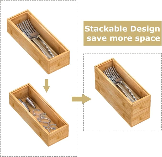 Bamboo Kitchen Drawer Organizer 9"x 3", Wooden Stackable Silverware Tray | Utensil Organizer Cutlery Holder for Kitchen, Wooden Storage Box for Bathroom, Multi-Use Storage Bins Dividers for Office