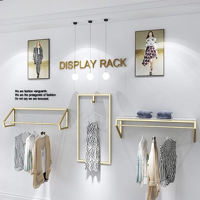 Modern Simple Men's and Women's Clothing Store Heavy Duty Metal Display Shelf,Wall-Mounted Garment Rack with Wood,Clothes Rail,Bathroom Hanging Towel Rack (Gold Square Tube, B-39 L)