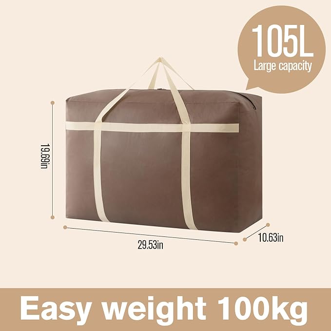 3 Pack 105L Extra Large Moving Bags with Zippers & Carrying Handles, Heavy-Duty Storage Tote Moving Boxes for Space Saving(brown, 3Pack*105L)