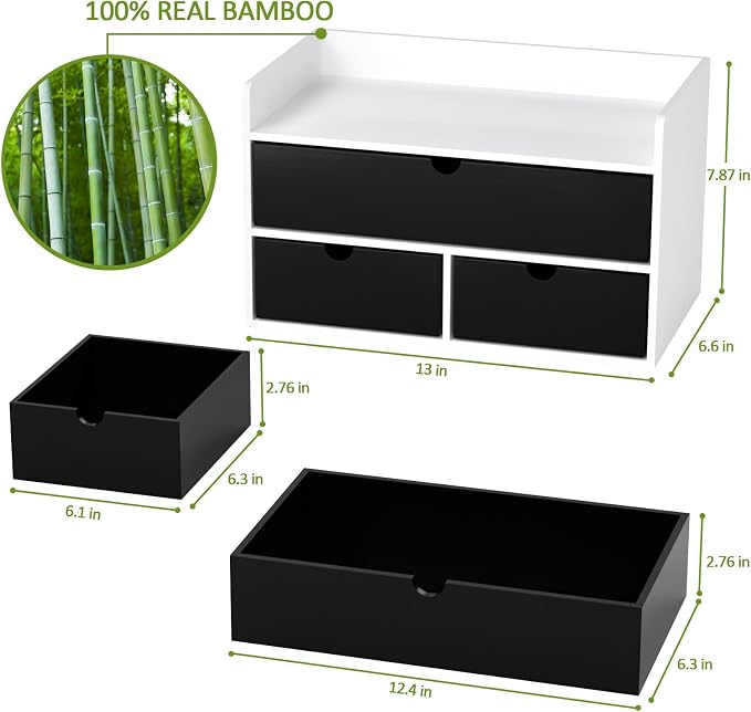 Bamboo Desk Organizer with Drawers, Desktop Storage for Office Supplies | 3 Drawers Desktop organizer, No Assembly Required, Natural Wood Wooden Desktop Drawers Box for Bills, Cosmetics, Seals, Paper