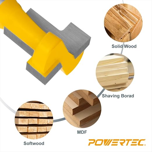 POWERTEC T Track Router Bit, Tungsten Carbide Tipped Router Bit, 1/4 Shank, 7/16" Dia., Slatwall, T Slot for Picture Frames, Plaque, Compatible with 1/4" Hex Bolts (73027)