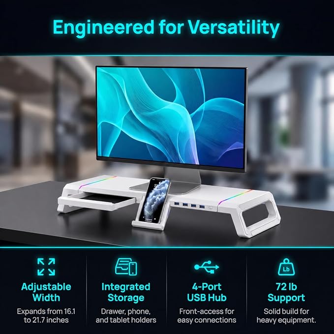 Monitor Stand Riser for Desk, Foldable Computer Monitor & Laptop Stand with Drawer, 4 USB 2.0 Ports, RGB Lighting, Phone & Tablet Holder, 72 lb Capacity (White)