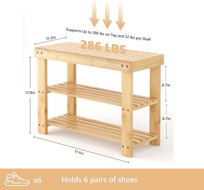 NEWBULIG Shoe Rack Bench, 3-Tier Bamboo Shoe Organizer, Wooden Entryway Storage Bench, 286 lb Load Capacity, 11.2x27.6x17.9 Inches, for Entryway Bathroom Bedroom Balcony, Wood