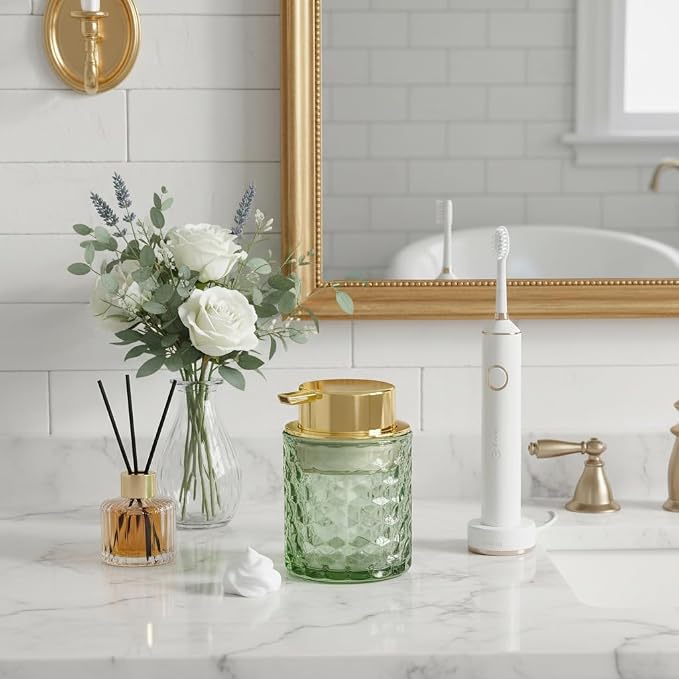 10 Oz Glass Hand Soap Dispenser with Pump, Refillable Bathroom Gold Foaming Soap Dispenser, Vintage Glass Diamond Lotion Container Bottle for Bathroom and Kitchen (1, Green and Gold)