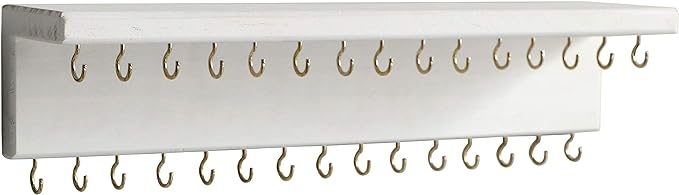 SANY DAYO HOME Jewelry Organizer with 30 Hooks and Cosmetics Shelf, 15 x 3 x 4 inches Wall Mounted Rustic Pine Wood Holder for Necklaces and Bracelets, Suitable for Kids and Adults (Retro White)