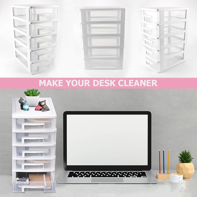 5 Tier Plastic Drawer Type Closet,Portable Storage Cabinet Sundries Storage Cosmetics Jewelry Storage Box for Home Office（White）