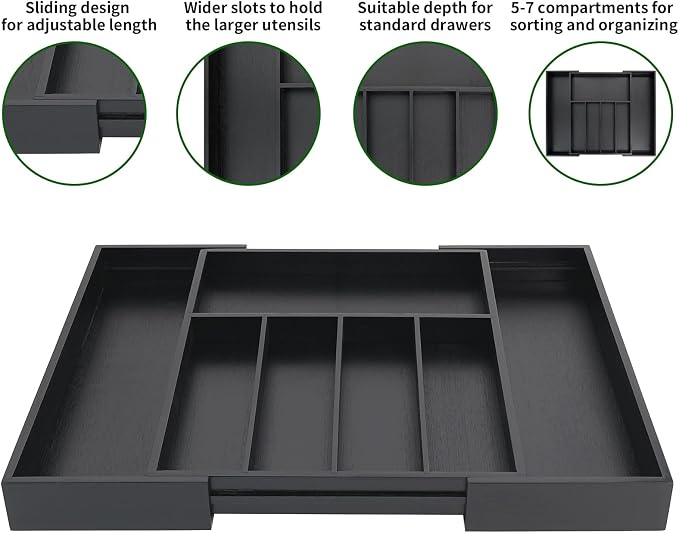 VaeFae Premium Bamboo Drawer Organizer, Expandable Silverware Drawer Organizer, Cutlery Tray with Dividers for Kitchen Utensils (Black, Large)