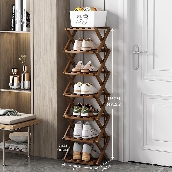 7 Tier Foldable Shoe Rack, Bamboo Vertical Shoe Organizer Tall for Multifunctional Narrow Shoe Shelf for Entryway, Closet, Corner, Bedroom, Hallway(Brown)