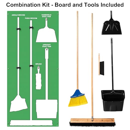 Clean & Sweep 5S Shadow Board/Wall Mount Broom Holder, 68" x 30" Board, 5S Cleaning Station - with Broom and Dustpan Set Included, Made in The USA by AccuformNMC, Green/White, PSB716GNWT