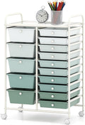 Rolling Cart with 15 Drawers, Utility Cart with Removable Storage Drawers, Lockable Wheels, Art Cart for Home Office Living Room Art Supplies Crafts Paper Scrapbook (Gradient Green)