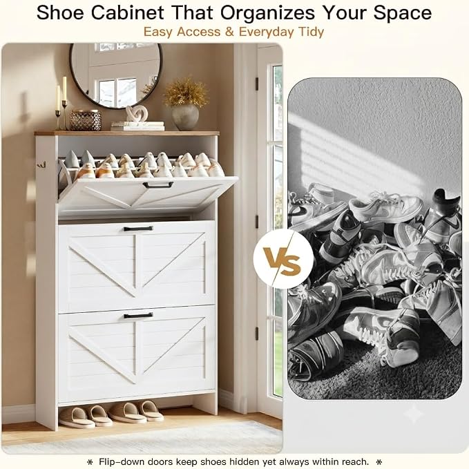 Nicetree Shoe Storage Cabinet for Entryway, Freestanding Fluted Accent Ultra Slim Shoe Cabinet with 3 Flip Drawers, Farmhouse Shoe Rack with 3-Tier Adjustable Shelves for Hallway Foyer Rustic-White