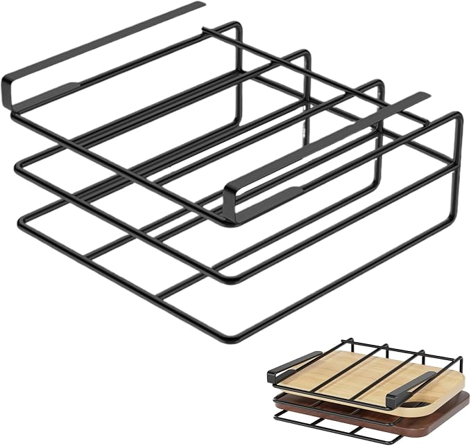 Cutting Board Organizer, Under Cabinet Cutting Board Holder Metal Cutting Board Organizer Space Saving Under Shelf Chopping Board Holder Cutting Board Rack Pot Lid Holder 10.4x11.8x2.4'' Black