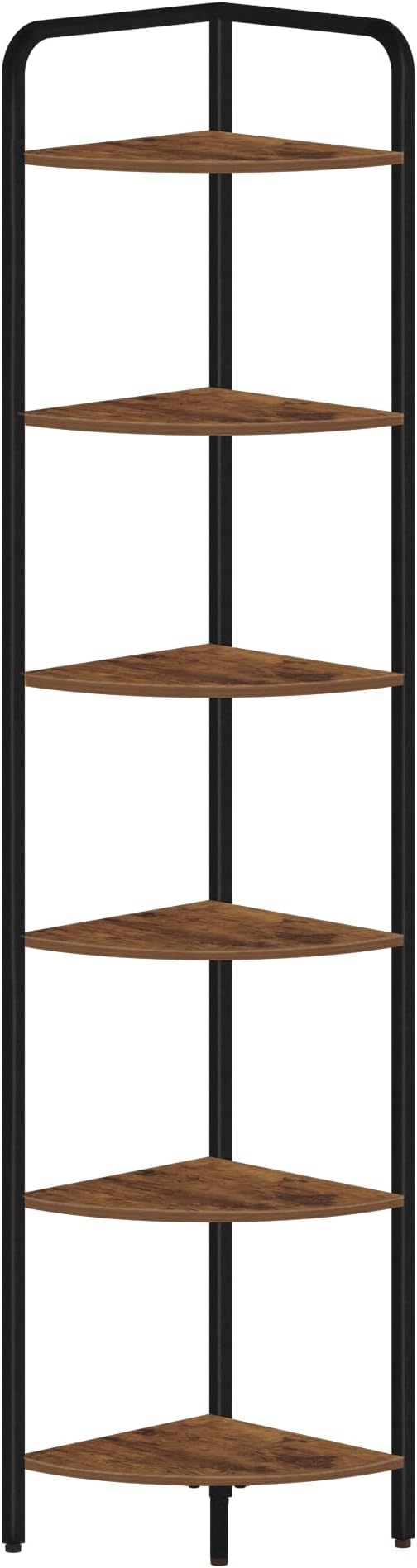 Hzuaneri Corner Shelf Stand Corner Bookshelf Standing Shelf Plant Shelf | Corner Display Rack with Metal Frame for Living Room, Bathroom, Kitchen, Industrial Style, 6 Tier Rustic Brown CS06601B