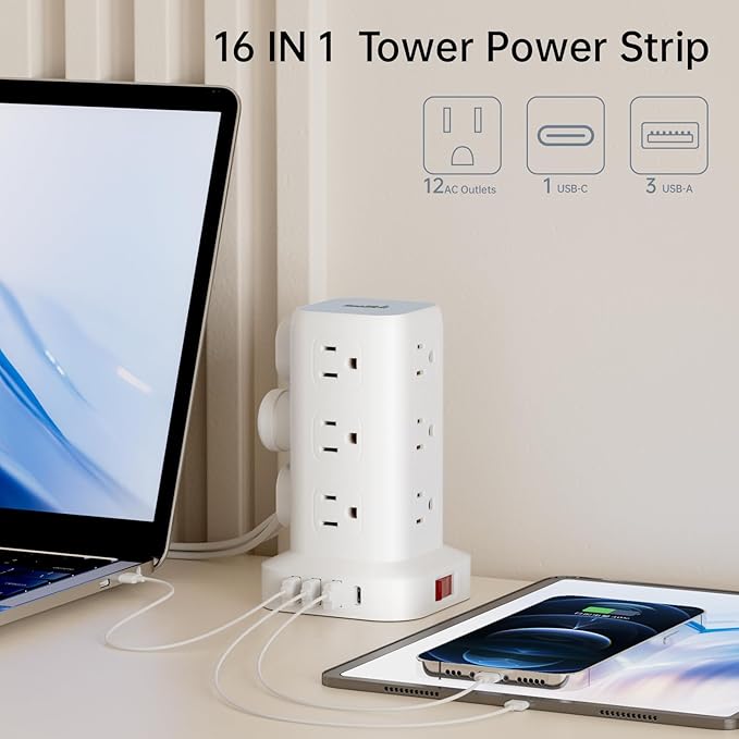 Extension Cord with Multiple Outlets, SMALLRT Flat Plug Power Strip Tower, Outlet Extender with USB 12 AC Outlets, 10FT Ultra Thin Extension Cord for Home Office, Overload Protection