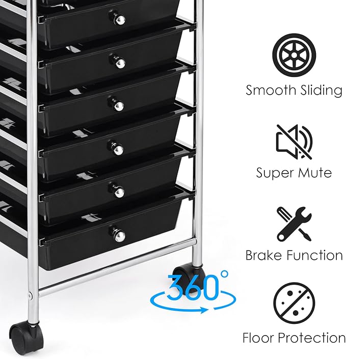 GOFLAME 10-Drawer Rolling Storage Drawer Cart, Utility Cart with Removable Drawers & Metal Frame, Mobile Art Craft Drawer Cart with Lockable Wheels for Home, Office, Studio, School, Black