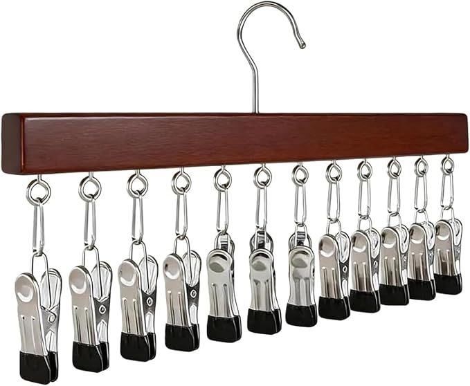 Wooden Closet Organizer Hanger with 12 Clips, Space Saving Hanging Organizer for Hats Scarves Jeans Skirts Socks Pants, 15 Inch, 360° Swivel Hook (1, Brown)