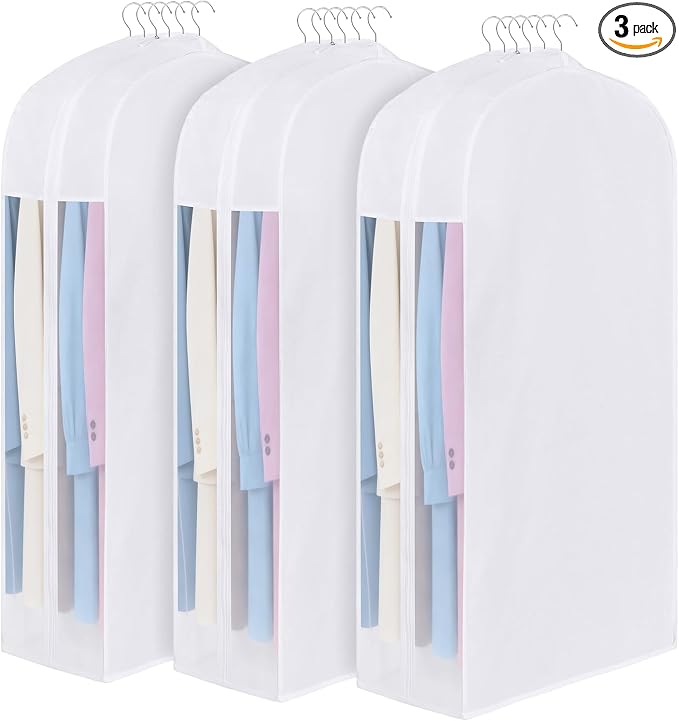 50" Premium Cotton Garment Bag for Hanging Clothes, Breathable Suit Bags for Closet Storage with Extre Large 10" Gusseted & Clear Window, Dust Cover with Zipper for Suits, Coats, 3 Pack