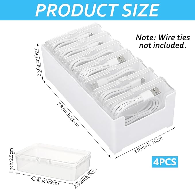 4 Set Cable Organizer Box with 28 Clear Switch Case Power Cord Organizer Desktop Cable Management Box Desktop Charger Cord Storage Organizer Box for Office Home Desk Accessories Stationery Supplies
