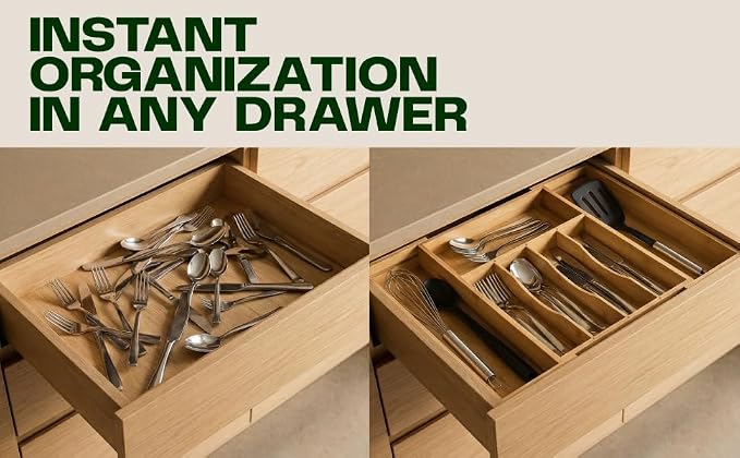Expandable Bamboo Silverware Drawer Organizer, Kitchen Utensil Tray