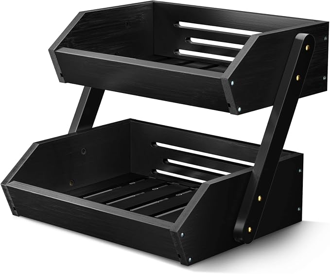 G.a HOMEFAVOR 2-Tier Fruit Basket for Kitchen Counter, Black, Self-assembly | Bamboo Fruit Bowl, Vegetable Storage for Fruit Shop and Home Organizer, 15 mm Thickness