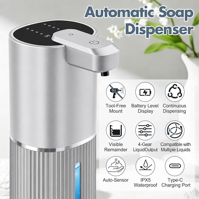 Automatic Soap Dispenser, Foaming Soap Dispenser Touchless with Continuous Dispensing, 4-Level Adjustable, Rechargeable Hand Soap Dispensers, Wall Mounted or Countertop for Bathroom & Kitchen