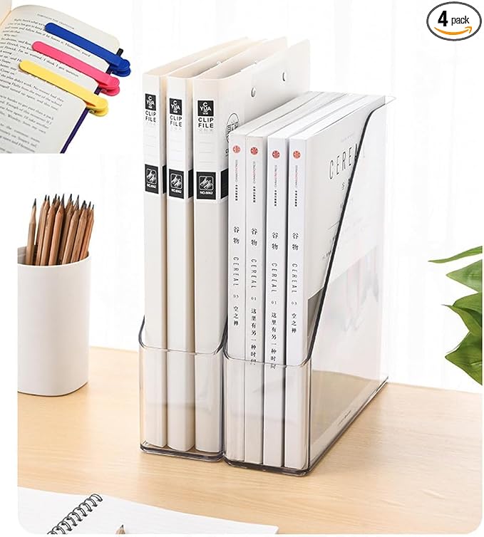 4-Pack Acrylic Vertical Magazine Holder & Book Organizer Clear Desktop File Storage Rack for Office/Home, Includes 3 Silicone Bookmarks (Space-Saving Design)