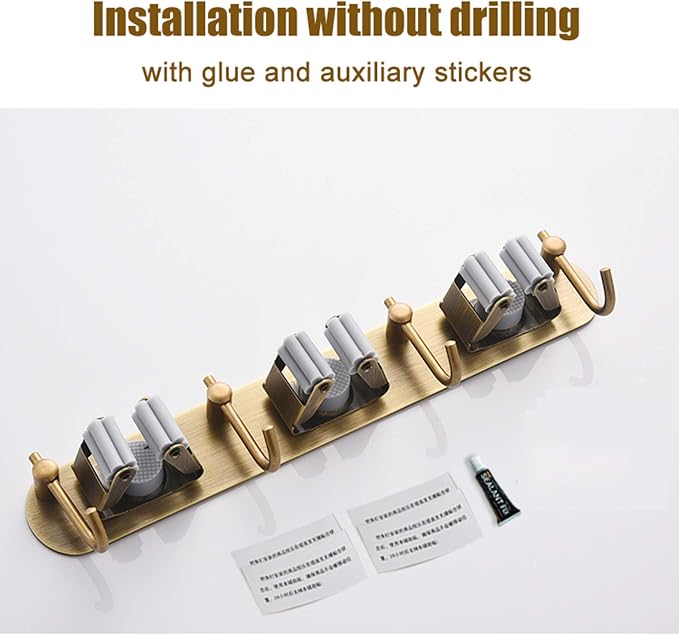 Mop Broom Holder Wall Mount Garden Tool Organizer, Brass Heavy Duty Tool Hanger with 3 Racks 4 Hooks for Kitchen Bathroom Closet Garage Office Laundry